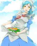  1girl apple apron ataka_takeru blue_hair blue_sky braid clouds fire_emblem fire_emblem_if food forehead_jewel fruit gradient_hair juliet_sleeves lilith_(fire_emblem_if) long_hair long_sleeves multicolored_hair nintendo open_mouth orange puffy_sleeves redhead single_braid sky solo yellow_eyes 