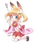  1girl animal_ear_fluff animal_ears bangs bare_shoulders bell blonde_hair blue_eyes blush bow brown_footwear dated detached_sleeves eyebrows_visible_through_hair fox_ears full_body hair_ornament hairclip hands_up jingle_bell kanya_pyi kemomimi_oukoku_kokuei_housou long_sleeves mikoko_(kemomimi_oukoku_kokuei_housou) navel parted_lips pink_sleeves platform_footwear pleated_skirt red_bow red_skirt ribbon-trimmed_legwear ribbon_trim simple_background skirt sleeveless solo thigh-highs translation_request twintails virtual_youtuber white_background white_legwear wide_sleeves zouri 