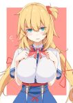  1girl akai_haato between_breasts blonde_hair blue_eyes blush breasts hair_ornament hands_on_own_chest heart heart_hair_ornament hololive kichihachi large_breasts long_hair looking_at_viewer open_mouth portrait simple_background solo string_tie sweat virtual_youtuber 