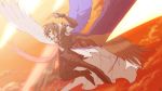  1boy armor brown_hair clouds cloudy_sky elbow_gloves fingerless_gloves flying gloves granblue_fantasy hood hood_down male_focus multicolored multicolored_wings multiple_wings red_eyes sandalphon_(granblue_fantasy) seraph short_hair sky spoilers torinashi wings 