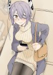  1girl absurdres bag blush casual cellphone dress earrings eyepatch handbag headgear highres jacket jewelry kantai_collection looking_at_viewer phone purple_hair ribbed_dress short_hair smartphone sweat sweater tadd_(tatd) tenryuu_(kantai_collection) turtleneck turtleneck_sweater yellow_eyes 