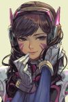  1girl animal_print bangs beige_background blue_bodysuit bodysuit brown_eyes brown_hair bunny_print closed_mouth d.va_(overwatch) facepaint facial_mark gloves hand_on_headphones hand_on_own_face hankuri headphones high_collar highres long_hair looking_at_viewer multicolored multicolored_clothes nose overwatch pilot_suit pink_lips portrait ribbed_bodysuit seductive_smile shoulder_pads simple_background skin_tight smile solo swept_bangs upper_body whisker_markings white_gloves yellow_background 
