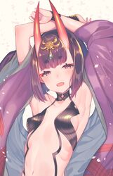  1girl :d armpits bare_shoulders blush breasts brown_background collarbone commentary_request fangs fate/grand_order fate_(series) fingernails head_tilt headpiece highres horns japanese_clothes kimono long_sleeves looking_at_viewer navel oni oni_horns open_clothes open_kimono open_mouth petals purple_hair purple_kimono revealing_clothes short_eyebrows short_hair shuten_douji_(fate/grand_order) simple_background small_breasts smile solo suzuho_hotaru thick_eyebrows upper_body violet_eyes wide_sleeves 