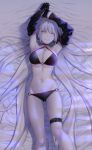  1girl absurdres ahoge arms_up bed bed_sheet bikini black_bikini black_choker black_gloves black_jacket breasts choker cleavage commentary_request cropped_jacket eyebrows_visible_through_hair fate/grand_order fate_(series) gloves highres jacket jeanne_d&#039;arc_(alter_swimsuit_berserker) jeanne_d&#039;arc_(fate)_(all) large_breasts long_hair lying navel nipi27 o-ring o-ring_bottom o-ring_top on_back shrug_(clothing) smile solo swimsuit thigh_strap white_hair yellow_eyes 