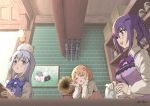 3girls :d ^_^ angora_rabbit animal animal_on_head apron bangs blue_eyes blue_hair blue_vest blurry blurry_foreground blush brick_wall closed_eyes closed_eyes commentary_request cup depth_of_field drinking_glass eyebrows_visible_through_hair fingernails gochuumon_wa_usagi_desu_ka? hair_between_eyes hair_ornament hairclip holding hoto_cocoa indoors kafuu_chino light_brown_hair long_hair long_sleeves multiple_girls on_head open_mouth painting_(object) parted_lips pink_vest purple_hair purple_vest rabbit rabbit_house_uniform shirt signature smile tedeza_rize tippy_(gochiusa) twintails umiroku uniform vest violet_eyes waist_apron white_shirt x_hair_ornament 