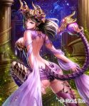  1girl ass backless_outfit black_hair card column earrings grin hair_ornament high_heels horns indoors jewelry looking_at_viewer looking_back pillar pointy_ears scorpion scorpion_tail shingoku_no_valhalla_gate silk smile solo standing tail violet_eyes watermark xoxocia 