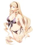  1girl absurdly_long_hair arms_behind_back bikini black_bikini black_hairband blonde_hair blue_eyes bow breasts celia_kumani_entory cleavage collarbone cropped_legs drill_hair eyebrows_visible_through_hair floating_hair grey_bow grey_ribbon groin hair_between_eyes hairband highres huge_breasts k-kun long_hair navel shiny shiny_hair side-tie_bikini sideboob simple_background solo standing swimsuit twin_drills very_long_hair walkure_romanze white_background 