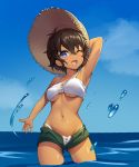  1girl ;d arm_behind_head armpits bikini blue_eyes blue_sky breasts brown_hair clouds collarbone commentary_request cowboy_shot curcumin dark_skin day girls_und_panzer hair_between_eyes hat highres horizon laces medium_breasts navel ocean one_eye_closed open_fly open_mouth outdoors short_hair short_shorts shorts sky smile solo splashing straw_hat sun_hat suzuki_(girls_und_panzer) swimsuit tan under_boob wading water white_bikini 