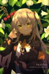  1girl animal armband bangs black_cat black_jacket black_ribbon cat closed_mouth commentary day english_commentary eyebrows_visible_through_hair fingernails flower girls_frontline hair_between_eyes hand_up head_tilt hentaki highres holding holding_animal holding_cat jacket light_brown_hair long_hair long_sleeves looking_at_viewer neck_ribbon one_side_up open_clothes open_jacket outdoors red_flower ribbon scar scar_across_eye shirt solo ump45_(girls_frontline) upper_body very_long_hair watermark web_address white_flower white_shirt yellow_eyes 