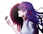  1girl blood blood_on_face bloody_clothes blush breasts bug butterfly collarbone crying dress eyebrows_visible_through_hair fate/stay_night fate_(series) hair_between_eyes hair_ribbon hakisou heaven&#039;s_feel highres insect long_hair matou_sakura medium_breasts purple_hair red_ribbon ribbon solo upper_body violet_eyes white_dress 