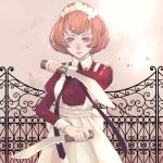  1girl apron arikawa_anri dress dual_wielding gate holding holding_knife juliet_sleeves knife light_smile long_sleeves looking_at_viewer maid maid_headdress orange_hair original pink_background puffy_sleeves red_dress ribbon short_hair solo standing violet_eyes white_apron 