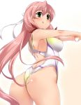  1girl akashi_(kantai_collection) alternate_costume ass breasts eyebrows_visible_through_hair gradient gradient_background green_eyes hair_between_eyes hair_ribbon highres kantai_collection large_breasts long_hair looking_at_viewer multicolored multicolored_clothes multicolored_swimsuit pink_hair ribbon solo swimsuit very_long_hair yoshi_tama 