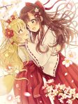  2girls animal_ear_fluff animal_ears bangs blonde_hair blurry blurry_background bow brown_eyes brown_hair commentary_request crying crying_with_eyes_open depth_of_field eye_contact eyebrows_visible_through_hair fang fingernails flower hair_between_eyes hair_bow hair_flower hair_ornament hakama hand_on_another&#039;s_face highres japanese_clothes kimono long_hair long_sleeves looking_at_another multiple_girls open_mouth original petals red_bow red_flower red_hakama ribbon-trimmed_sleeves ribbon_trim sakura_oriko tail tears tree_branch very_long_hair white_background white_bow white_flower white_kimono wide_sleeves 