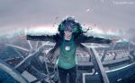  1boy blurry blurry_background city closed_eyes closed_mouth day fisheye_placebo frey_(fisheye_placebo) fur_collar highres jacket open_clothes open_jacket outdoors outstretched_arms overcast silver_hair solo spread_arms standing watermark web_address wenqing_yan wind 