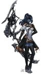  1girl au_ra bard_(final_fantasy) black_hair black_legwear black_skin boots bow_(weapon) commission dragon_horns dragon_tail elbow_gloves final_fantasy final_fantasy_xiv full_body gloves grey_eyes highres holding holding_weapon horns leirix_(leirixart) long_hair looking_at_viewer ponytail scales shoulder_armor showgirl_skirt smile solo standing tail thigh-highs weapon white_background 