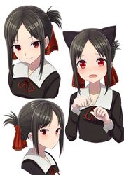  1girl :o animal_ears black_dress black_hair blush cat_ears closed_mouth collarbone collared_dress dress folded_ponytail hair_ribbon hands_up highres jd_(bibirijd) kaguya-sama_wa_kokurasetai_~tensai-tachi_no_renai_zunousen~ kemonomimi_mode long_sleeves looking_at_viewer looking_to_the_side multiple_views neck_ribbon nose_blush open_mouth parted_lips paw_pose red_ribbon ribbon shinomiya_kaguya sidelocks smile solo white_background 