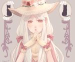  1girl arikawa_anri artist_name black_cat bow cat flower gloves grey_background hair_bow hands_together hat hat_bow hat_flower highres lace long_hair looking_at_viewer original pink pink_bow pink_eyes solo steepled_fingers upper_body white_hair witch yellow_gloves yellow_hat 