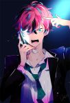  1boy angry bags_under_eyes blue_eyes blue_hair business_suit cellphone collared_shirt finger_gun_to_head flip_phone formal glowing green_neckwear holding holding_phone hypnosis_mic kannonzaka_doppo loose_necktie male_focus messy_hair multicolored_hair navy_blue_background necktie open_mouth phone redhead salaryman shirt shouting signature solo striped striped_shirt suit two-tone_hair 