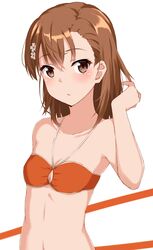  1girl absurdres arm_behind_back arm_up armpits bangs bare_arms bare_shoulders bikini bikini_top blush breasts brown_eyes brown_hair closed_eyes closed_mouth collarbone commentary_request eyebrows_visible_through_hair flower hair_flower hair_ornament highres kohakope looking_at_viewer medium_hair misaka_mikoto orange_bikini simple_background small_breasts solo swimsuit to_aru_kagaku_no_railgun to_aru_majutsu_no_index two-tone_background upper_body white_background 