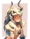  1girl armband bangs black_hair bone_(armor) closed_mouth cross-laced_clothes dark_skin fur_trim green_eyes horns jewelry kuroimori long_hair looking_at_viewer monster_hunter monster_hunter:_world necklace skull solo upper_body 