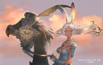  1girl animal animal_ears bird breasts bridle chocobo cleavage clouds copyright_name dark_skin feathers final_fantasy final_fantasy_xiv floating_hair highres jewelry kuroimori long_hair medium_breasts necklace orange_eyes outdoors purple_sky rabbit_ears twilight viera white_hair 