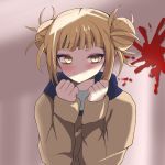  1girl bangs blonde_hair blood blunt_bangs blurry blurry_background blush boku_no_hero_academia cardigan commentary_request double_bun eyebrows_visible_through_hair face highres long_sleeves looking_at_viewer luimia messy_hair scarf school_uniform serafuku short_hair simple_background smile solo toga_himiko yellow_eyes 