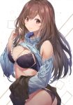  1girl absurdres ass bangs black_skirt blue_bra blue_panties blue_sweater blush bra breasts brown_eyes brown_hair cleavage closed_mouth clothes_lift hand_in_hair highres hip_focus idolmaster idolmaster_shiny_colors large_breasts long_hair long_sleeves looking_at_viewer panties ribbed_sweater scan shoulder_cutout skirt skirt_lift sola_(solo0730) solo sweater sweater_lift swept_bangs tsukioka_kogane turtleneck turtleneck_sweater underwear white_background 