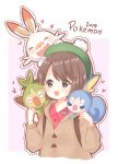  1girl 2019 :d bangs blush brown_eyes brown_hair brown_jacket closed_eyes collared_shirt commentary_request copyright_name creatures_(company) cropped_torso eyebrows_visible_through_hair facing_viewer female_protagonist_(pokemon_swsh) game_freak gen_8_pokemon green_hat grookey hat heart highres jacket light_(luxiao_deng) long_sleeves looking_at_viewer nintendo open_mouth outline pink_background pokemon pokemon_(creature) pokemon_(game) pokemon_swsh red_shirt scorbunny shirt smile sobble tam_o&#039;_shanter two-tone_background upper_body white_background 