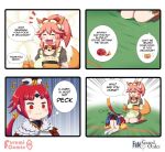  2girls 4koma animal_ear_fluff animal_ears apron bangs bell bell_collar benienma_(fate/grand_order) blush cat_paws collar comic english_text fangs fate/grand_order fate_(series) fox_ears fox_girl fox_tail gloves hat highres japanese_clothes jingle_bell keita_naruzawa long_hair long_sleeves low_ponytail maid_headdress multiple_girls parted_bangs paw_gloves paw_shoes paws pink_hair ponytail red_eyes redhead shoes tail tamamo_(fate)_(all) tamamo_cat_(fate) wide_sleeves 