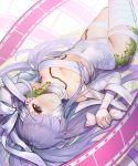  1girl abstract_background absurdres bandage bandage_over_one_eye bow breasts closed_mouth fate/grand_order fate_(series) frown hair_bow highres kingprotea long_hair looking_at_viewer lying medium_breasts moss on_back para3318 purple_hair solo thigh_gap upside-down violet_eyes white_bow 