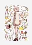  1girl bag bangs bear_bag bear_hat blunt_bangs brown_eyes brown_footwear brown_sweater candy cellphone cup cupcake doughnut drinking_straw envelope food glasses grey_background hand_up heart highres hood hood_down hooded_coat kisaragi_yuu_(fallen_sky) light_brown_hair lipstick lollipop long_sleeves looking_at_viewer makeup mirror original pen phone ribbed_sweater shoes short_hair shoulder_bag signature smartphone socks solo star sweater turtleneck 