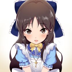  1girl :d apron bangs blue_ribbon blush bow bowtie brown_eyes brown_hair eyebrows_visible_through_hair frilled_ribbon frilled_sleeves frills gameplay_mechanics gradient gradient_background hair_ribbon idolmaster idolmaster_cinderella_girls idolmaster_cinderella_girls_starlight_stage jewelry key light_blue_dress long_hair looking_at_viewer necklace open_mouth pon_(syugaminp) ribbon ribbon_trim sidelocks simple_background smile solo tachibana_arisu 