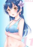  1girl bangs bikini blue_hair blush bracelet commentary_request dated eyebrows_visible_through_hair flower frilled_bikini frills hair_between_eyes hair_flower hair_ornament hibiscus highres jewelry long_hair looking_at_viewer love_live! love_live!_school_idol_project natsuiro_egao_de_1_2_jump! necklace open_mouth rin5325 solo sonoda_umi swimsuit upper_body yellow_eyes 