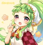  1girl :o apron bangs blush bow brown_background checkered checkered_kimono cookie food hair_scarf heart high_ponytail holding holding_food japanese_clothes kimono long_hair looking_at_viewer marshmallow_mille monster_strike open_mouth pink_eyes ponytail red_bow red_kimono round_teeth solo teeth twitter_username upper_body upper_teeth very_long_hair white_apron wide_sleeves 