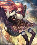  1girl bag bow bowtie breasts clouds feet_out_of_frame granblue_fantasy hair_ornament handbag hands_up henriette_(shingeki_no_bahamut) highres legs long_hair looking_at_viewer medium_breasts official_art open_mouth outdoors red_eyes redhead shingeki_no_bahamut shirt skirt sky solo tachikawa_mushimaro thigh-highs thighs tiara white_shirt 