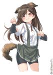  1girl animal_ears arashio_(kantai_collection) arm_warmers bangs bike_shorts blush brown_eyes brown_hair closed_mouth collar collarbone collared_shirt dog_ears dog_tail ebifurya eyebrows_visible_through_hair hair_between_eyes highres kantai_collection long_hair looking_at_viewer paw_pose pleated_skirt school_uniform shirt simple_background skirt smile solo standing suspenders tail white_background white_shirt 