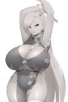  1girl alternate_costume armpits arms_up bare_shoulders bracelet breasts china_dress chinese_clothes cleavage closed_fan curvy dress earrings fan folding_fan greyscale hair_ornament holding holding_fan huge_breasts jewelry long_hair looking_at_viewer magister_(medical_whiskey) mole mole_on_breast monochrome pandora_smith panties parted_lips pelvic_curtain side-tie_panties sleeveless smile solo thick_thighs thighs under_boob underwear very_long_hair wide_hips 