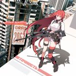  1girl belt bird black_gloves blue_eyes boots breasts building circle_a fingerless_gloves full_body girls_frontline gloves gun hair_between_eyes holding holding_gun holding_weapon long_hair looking_at_viewer midriff orsis_t-5000 parted_lips red_legwear redhead rifle shorts silhouette skyscraper sniper_rifle socks solo t-5000_(girls_frontline) thigh_strap very_long_hair weapon 
