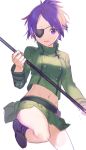  1girl boots breasts chrome_dokuro commentary_request eyepatch heiwa_(murasiho) highres katekyo_hitman_reborn looking_at_viewer midriff polearm purple_hair short_hair simple_background skirt smile solo violet_eyes weapon white_background 