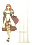  1girl armor cape celica_(fire_emblem) dress earrings fingerless_gloves fire_emblem fire_emblem_echoes:_mou_hitori_no_eiyuuou full_body gloves hidari_(left_side) highres jewelry long_hair nintendo non-web_source official_art red_eyes redhead simple_background solo thigh-highs 