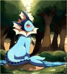  amulet artist_name commentary creatures_(company) english_commentary forest game_freak gen_1_pokemon grass jewelry looking_to_the_side nature necklace nintendo no_humans outdoors pokemon purpleninfy red_eyes river sitting sunlight tree vaporeon water 