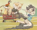  2girls :3 bird_tail bird_wings black_hair blonde_hair commentary coyote_(kemono_friends) coyote_ears coyote_tail crop_top extra_ears fire food food_in_mouth fuse greater_roadrunner_(kemono_friends) grey_hair head_wings jacket kemono_friends kolshica midriff mouth_hold multicolored_hair multiple_girls rock running shirt shoes short_hair short_sleeves shorts sneakers t-shirt thigh-highs toast toast_in_mouth wings yellow_eyes zettai_ryouiki 