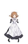  1girl :o apron beatrice_(princess_principal) black_legwear blush bow brown_eyes brown_hair bun_cover clenched_hand double_bun full_body hands_up high_heels highres long_sleeves looking_at_viewer maid official_art princess_principal princess_principal_game_of_mission puffy_long_sleeves puffy_sleeves solo standing transparent_background white_bow 