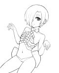 1girl bare_shoulders bow drawfag ear_clip earrings greyscale hair_over_one_eye hands_up idolmaster idolmaster_cinderella_girls jewelry lineart looking_at_viewer monochrome navel panties shirasaka_koume short_hair simple_background sitting sketch smile solo underwear white_background