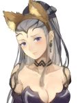  1girl animal_ears blue_eyes blush breasts choker cleavage closed_mouth earrings eir_(fire_emblem) fake_animal_ears fire_emblem fire_emblem_heroes fox_ears hair_ornament jewelry jurge long_hair medium_breasts nintendo ponytail silver_hair simple_background solo upper_body white_background 