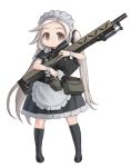  1girl :&lt; apron bipod black_legwear brown_eyes commentary gun handgun holding holding_gun holding_weapon holstered_weapon kneehighs long_hair maid maid_apron maid_headdress original pistol ran_system rifle scope silver_hair sniper_rifle solo twintails very_long_hair weapon white_background 