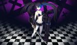  1girl absurdres asymmetrical_hair black_bikini_top black_footwear black_hair black_jacket black_rock_shooter black_rock_shooter_(character) black_shorts blue_eyes boots breasts burning_eye checkered checkered_floor choker cleavage collarbone cross floating_hair front-tie_bikini front-tie_top full_body hair_between_eyes highres holding holding_sword holding_weapon huijin_zhi_ling jacket katana long_hair long_sleeves looking_at_viewer open_clothes open_jacket short_shorts shorts small_breasts solo standing sword twintails very_long_hair weapon white_skin 