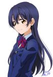  1girl bangs blazer blue_hair blush bow bowtie closed_mouth commentary_request eyebrows_visible_through_hair from_side hair_between_eyes highres jacket long_hair long_sleeves looking_at_viewer love_live! love_live!_school_idol_project otonokizaka_school_uniform red_neckwear school_uniform simple_background smile solo sonoda_umi striped striped_neckwear takeya_yuuki white_background 