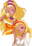  1girl amamiya_erena bare_shoulders blonde_hair choker commentary_request cure_soleil dark_skin dual_persona earrings hair_ornament jewelry long_hair looking_at_viewer magical_girl precure shiruppo smile solo star star_hair_ornament star_twinkle_precure violet_eyes 