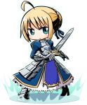  1girl ahoge armor armored_boots armored_dress artoria_pendragon_(all) bangs blonde_hair blue_dress blue_ribbon blush boots braid closed_mouth commentary_request dress excalibur eyebrows_visible_through_hair fate/stay_night fate_(series) full_body gauntlets green_eyes hair_bun hair_ribbon holding holding_sword holding_weapon juliet_sleeves long_sleeves naga_u puffy_sleeves ribbon saber sidelocks solo standing sword v-shaped_eyebrows weapon white_background 